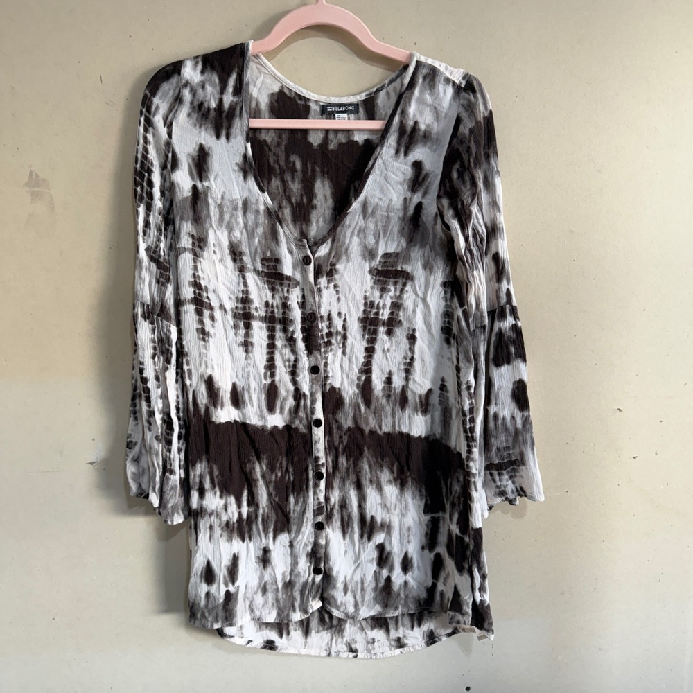 Billabong Womens Tie Dye Bell Sleeve Button Down Tunic Top Black White Small